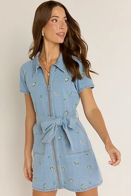 Ava Zip Front Embroidered Denim Mini Dress