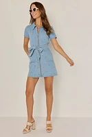 Ava Zip Front Embroidered Denim Mini Dress