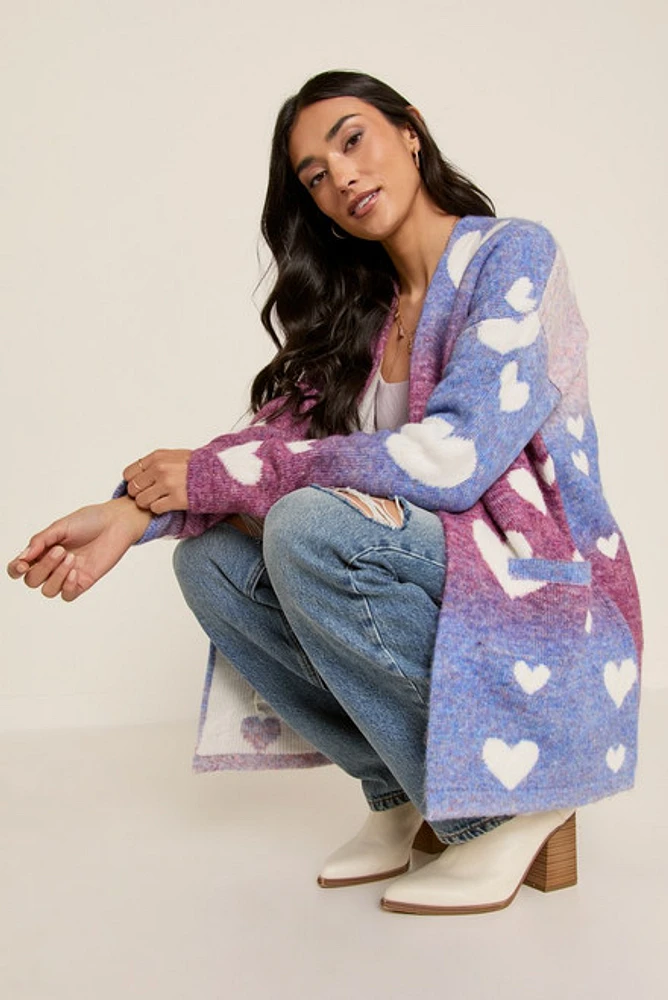 Sara Intarsia Heart Pattern Long Cardigan