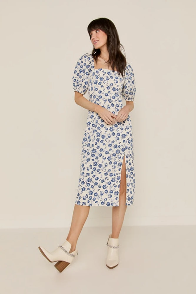 Natasha Puff Sleeve Side Slit Midi Dress