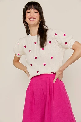 Katherine Heart Embroidery Short Sleeve Sweater Top