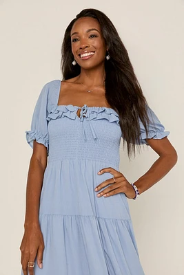 Miriam Smocked Upper Ruffle Trim Midi Dress