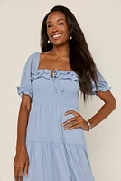 Miriam Smocked Upper Ruffle Trim Midi Dress