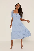 Miriam Smocked Upper Ruffle Trim Midi Dress