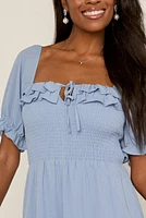 Miriam Smocked Upper Ruffle Trim Midi Dress