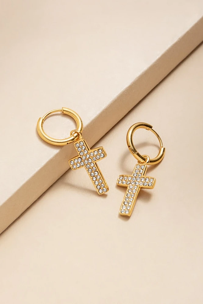 Susie Pave Cross Stainless Steel Huggie Earrings