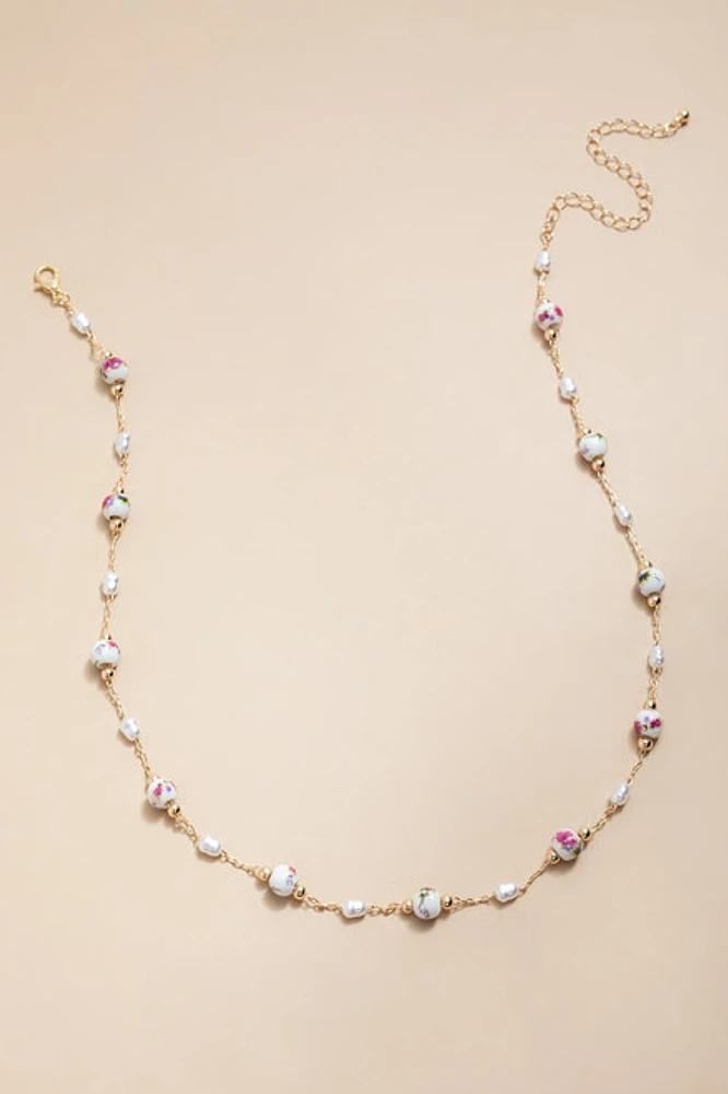 Claire Ceramic And Pearl Station Necklace