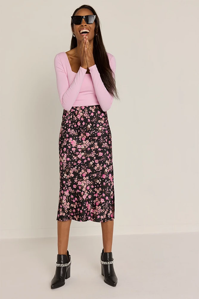 Jacqueline Floral Satin Fitted Midi Skirt