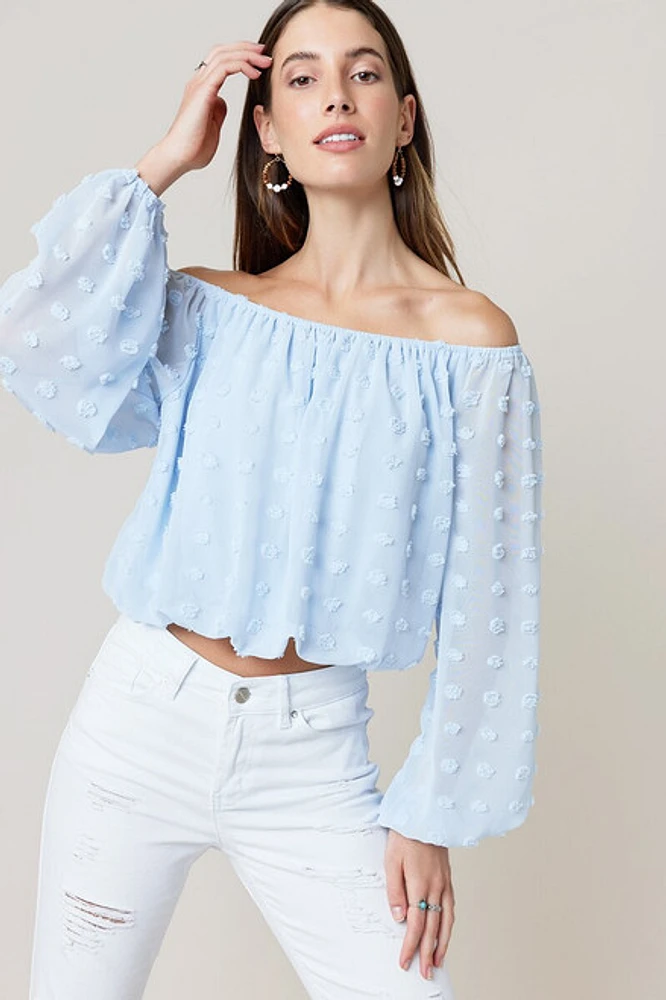 Gertrude Clip Dot Off The Shoulder Blouse Light Blue