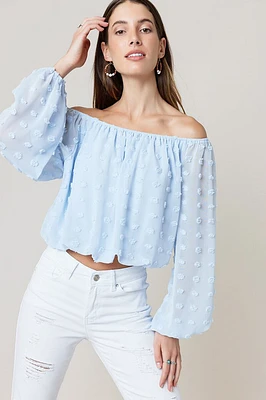 Gertrude Clip Dot Off The Shoulder Blouse Light Blue