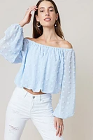 Gertrude Clip Dot Off The Shoulder Blouse Light Blue