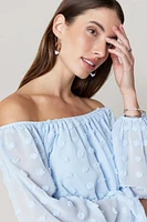 Gertrude Clip Dot Off The Shoulder Blouse Light Blue