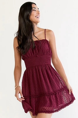 Ezra Clip Dot Mini Dress Burgundy