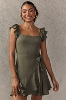 Faye Tie Waist Ruffle Hem Mini Dress Olive Green