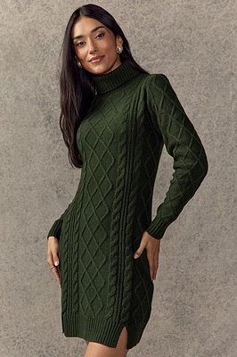 May Cable Knit Mini Sweater Dress Green