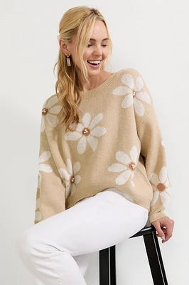 Matilda Pearl Daisy Pattern Pullover Sweater Taupe