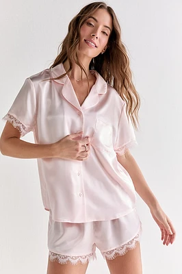 Emilia Short Sleeve Lace Trim Satin PJ Set