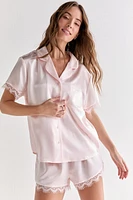 Emilia Short Sleeve Lace Trim Satin PJ Set