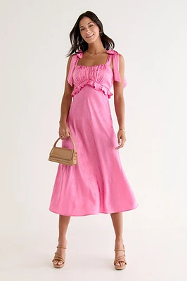 Rita Ruched Bow Jacquard Midi Dress Pink