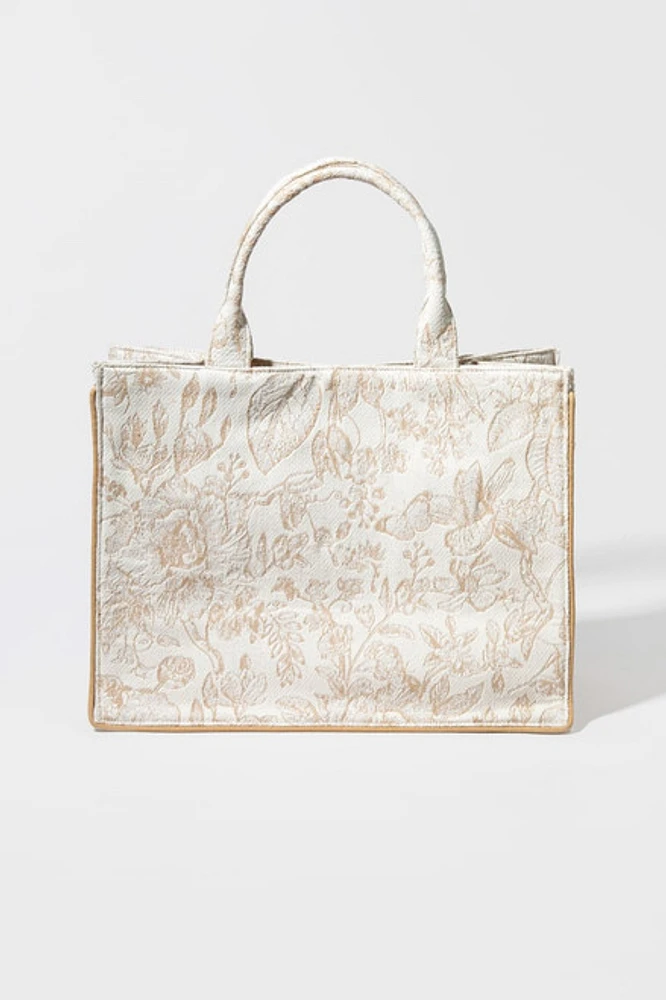 Jeanna Floral Canvas Tote Bag Beige