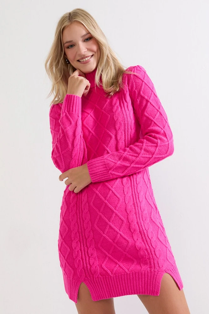 May Cable Knit Mini Sweater Dress Magenta