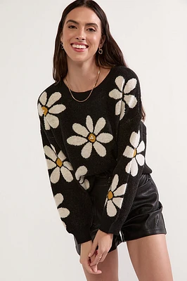 Matilda Pearl Daisy Pattern Pullover Sweater Black