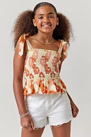 Hello Franki Floral Tie Strap Smocked Top for girls