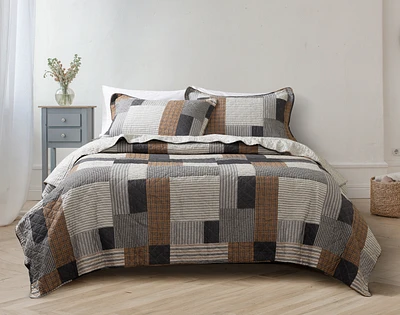 Logan Cotton Quilt Set, Geometric, Brown, Queen