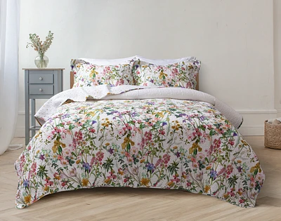 Summerfield Cotton Quilt Set, Floral, White, Queen