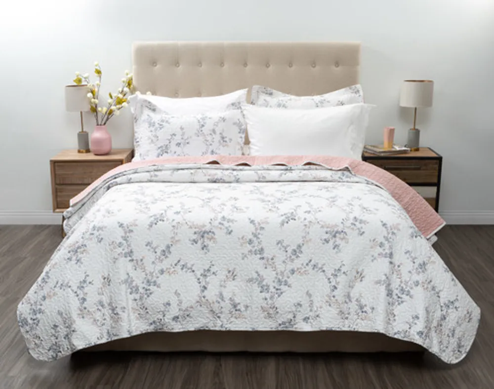 Annalise Cotton Quilt Set, Botanical, Grey,