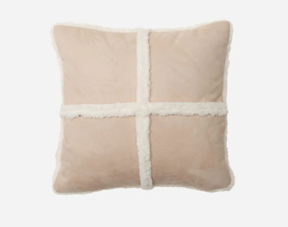 Windowpane Shearling Square Cushion , Beige, 18" x 18"