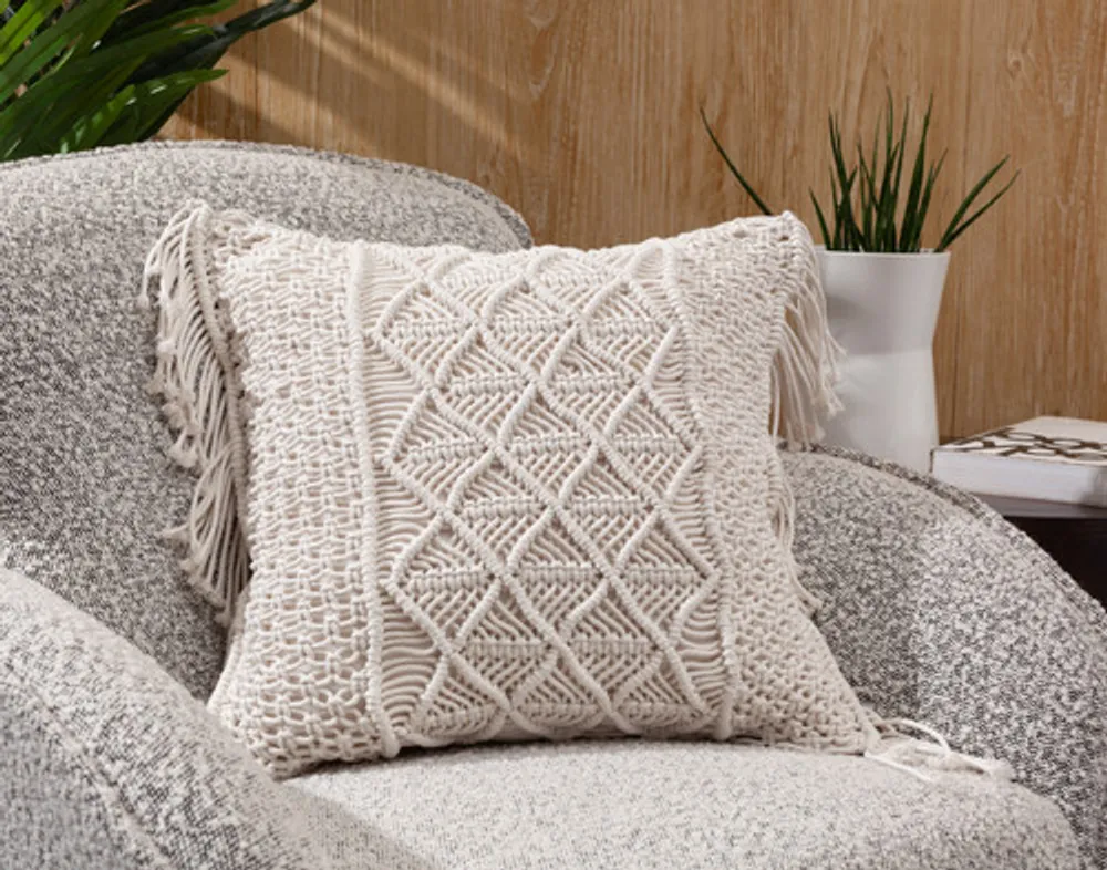 Macramé Square Cushion Cover, White, 18" x 18"