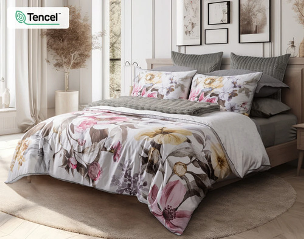 Braganza Duvet Cover, TENCEL Lyocell, Floral, White,