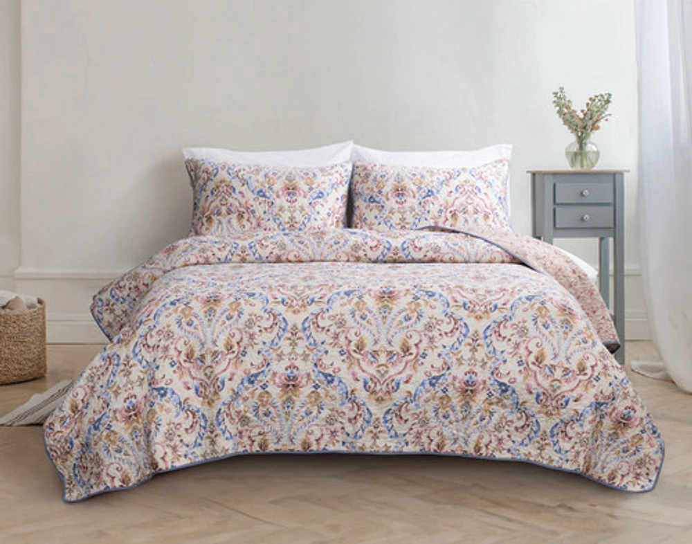 Misha Cotton Quilt Set, Floral, Pink, Queen