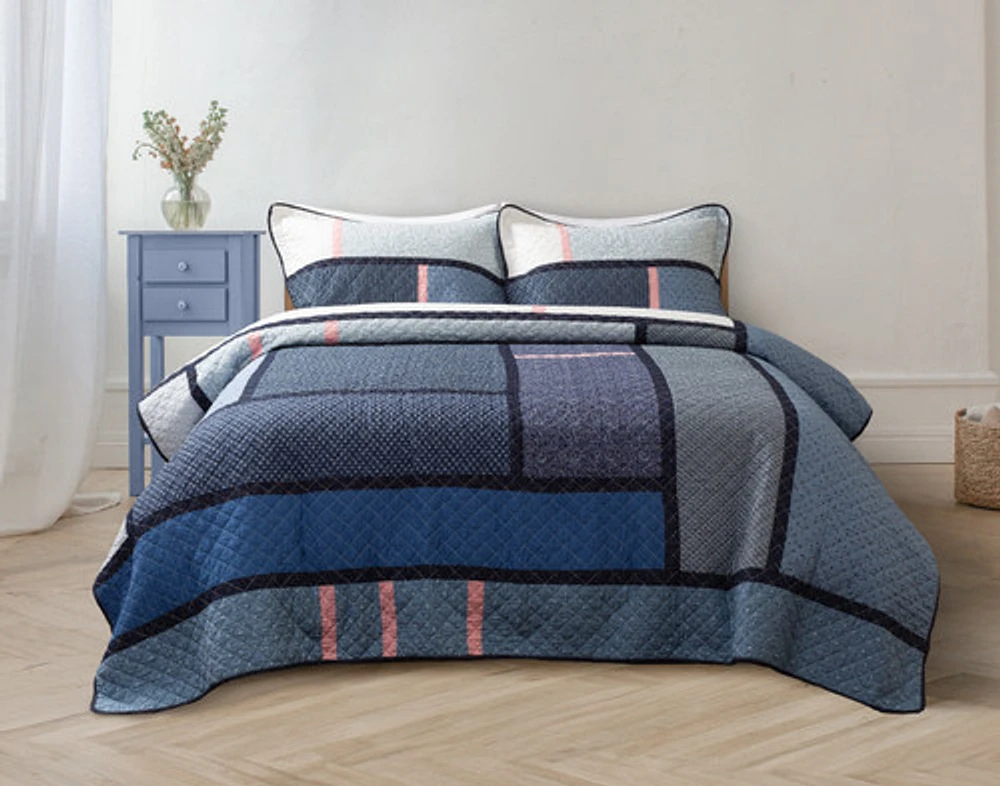 Abilene Cotton Quilt Set, Geometric, Blue, Queen