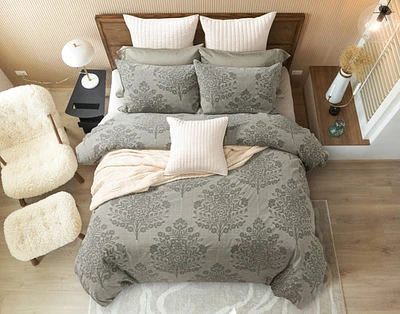 Raintree Stonewashed Duvet Cover, Cotton Set, Botanical, Green,