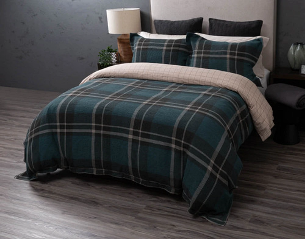 Marlon Plaid Duvet Cover, Cotton, Geometric, Green,