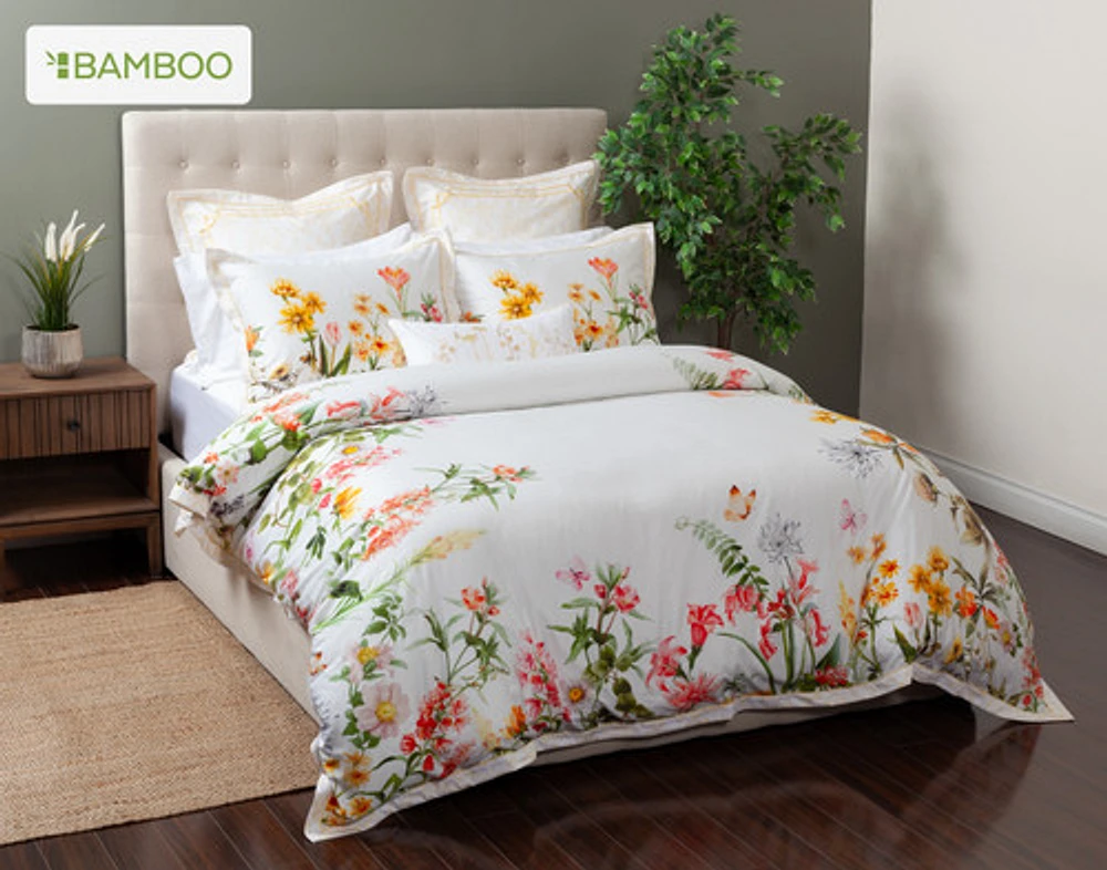 Corsage Floral Duvet Cover, Cotton, Bamboo Floral, White,