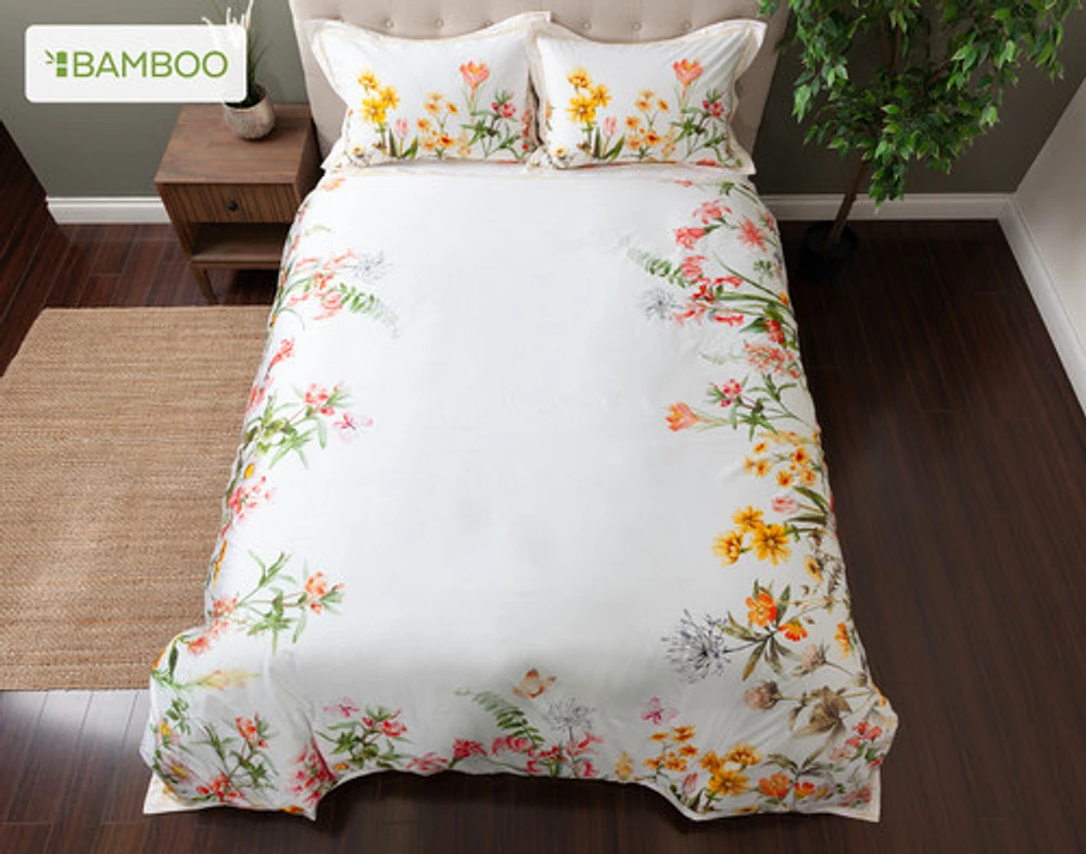 Corsage Floral Duvet Cover, Cotton, Bamboo Floral, White,