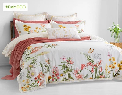 Corsage Floral Duvet Cover, Cotton, Bamboo Floral, White,