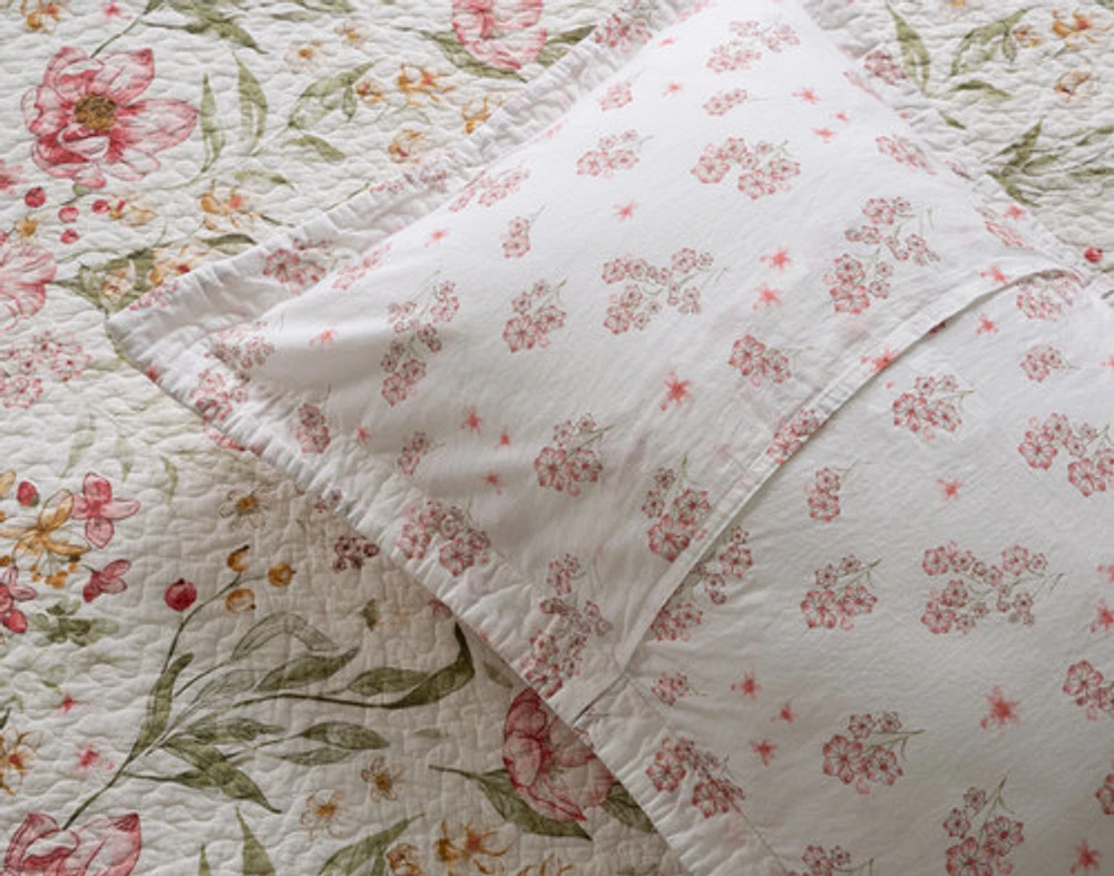 Belle Cotton Quilt Set, Floral, Pink,