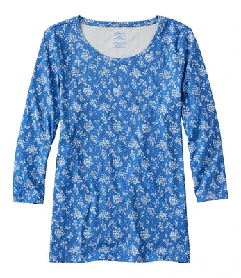 Women's Pima Cotton Shaped Jewelneck Tee, Three-Quarter-Sleeve Print