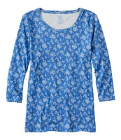 Women's Pima Cotton Shaped Jewelneck Tee, Three-Quarter-Sleeve Print
