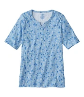 Women's Pima Cotton Tee, Notch-Neck Elbow-Sleeve Tunic Print