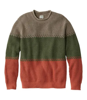 Men's Organic Cotton Waffle Sweater, Rollneck Crew, Stripe