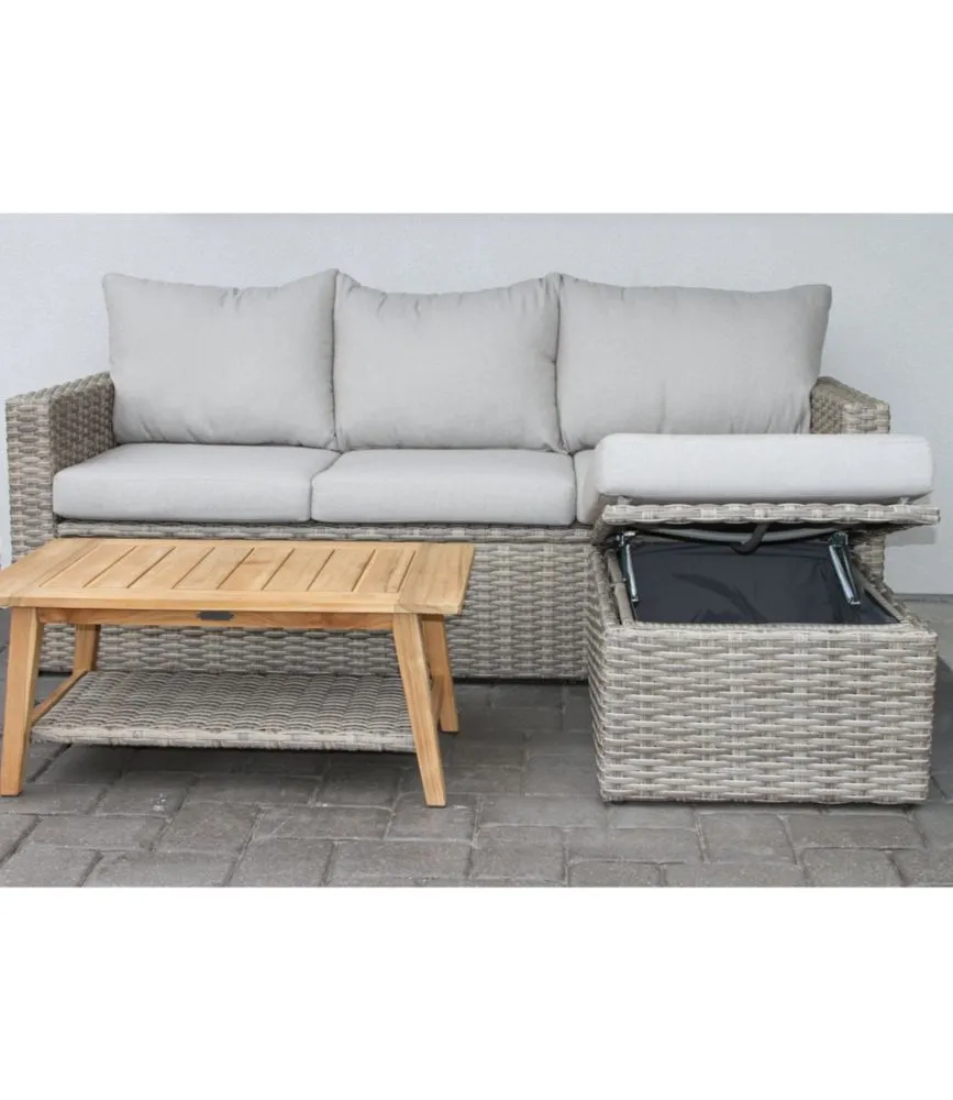 L.L. Bean Wicker Storage Sofa and Teak Coffee Table Set