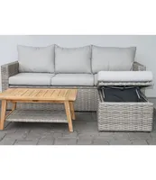 Wicker Storage Sofa and Teak Coffee Table Set