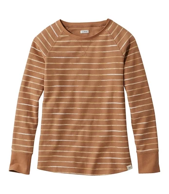 Women's Unshrinkable Mini-Waffle Tee, Long-Sleeve Crewneck Stripe