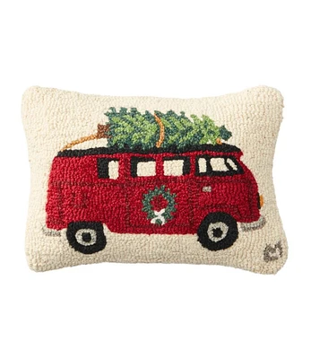 Wool Hooked Throw Pillow, Holiday Camper Van, 14" x 20"