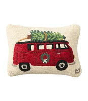 Wool Hooked Throw Pillow, Holiday Camper Van, 14" x 20"